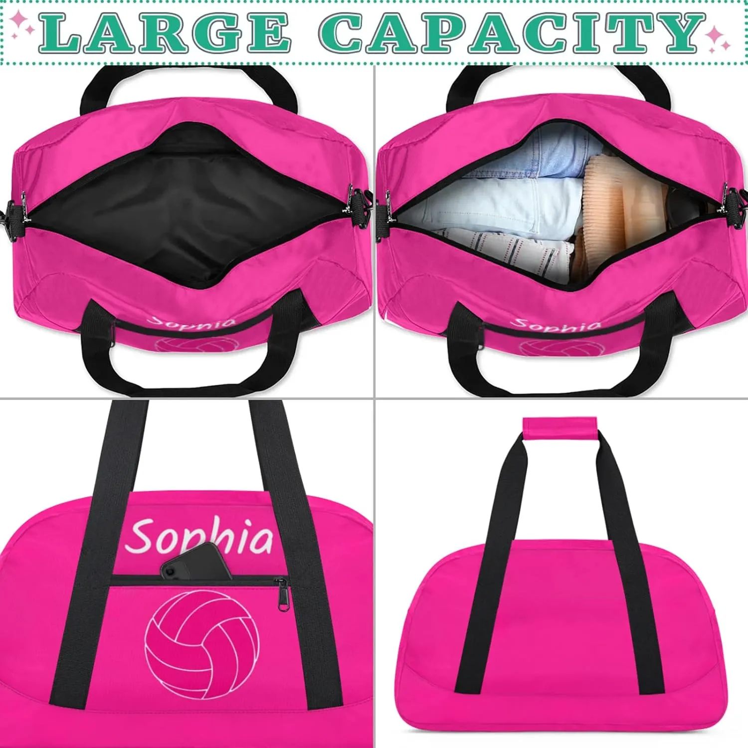 Custom Kids Duffel Bags with Name - Lightweight Gym Bag for Boys & Girls, Personalized Sports Backpack for Workout, and Travel Pink Volleyball