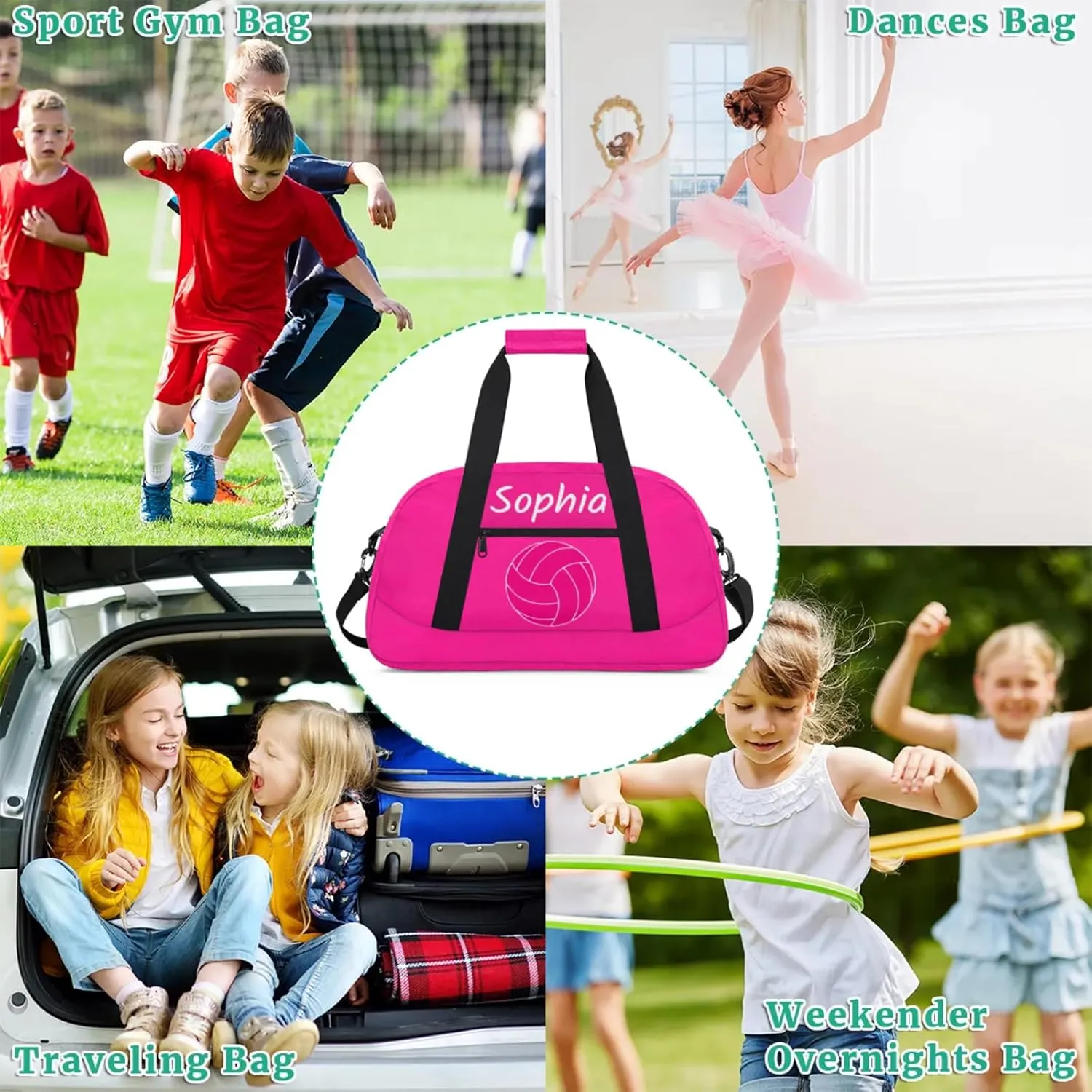 Custom Kids Duffel Bags with Name - Lightweight Gym Bag for Boys & Girls, Personalized Sports Backpack for Workout, and Travel Pink Volleyball