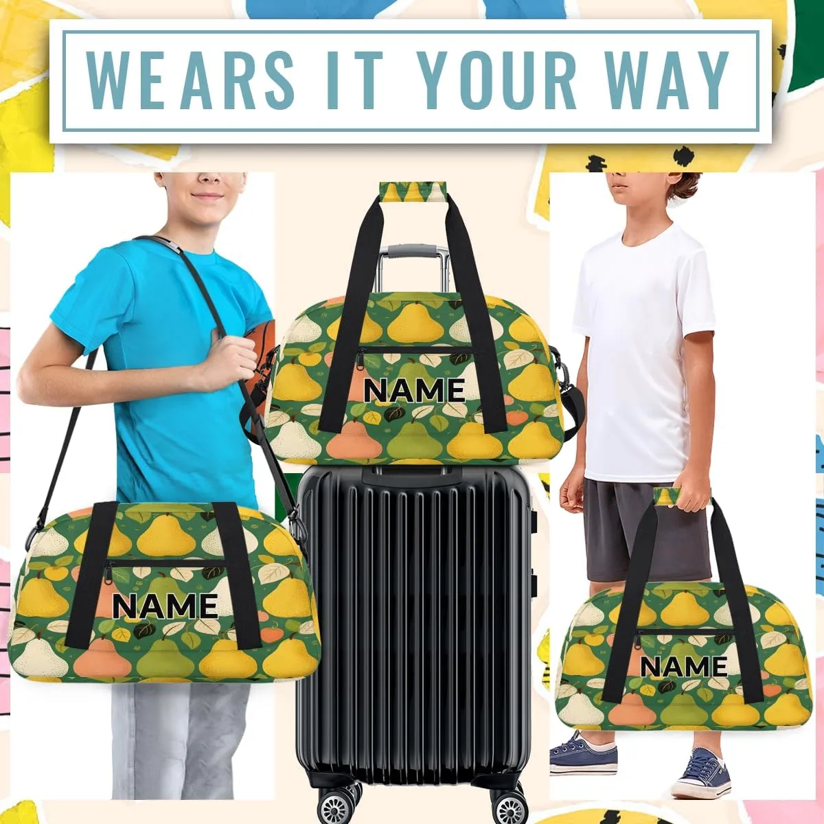 Custom Pear Pattern Small Gym Bag 18 inch for Women Men Personalized Fruits Carry On Overnight Weekender Bag for Travel Work Dance Sport