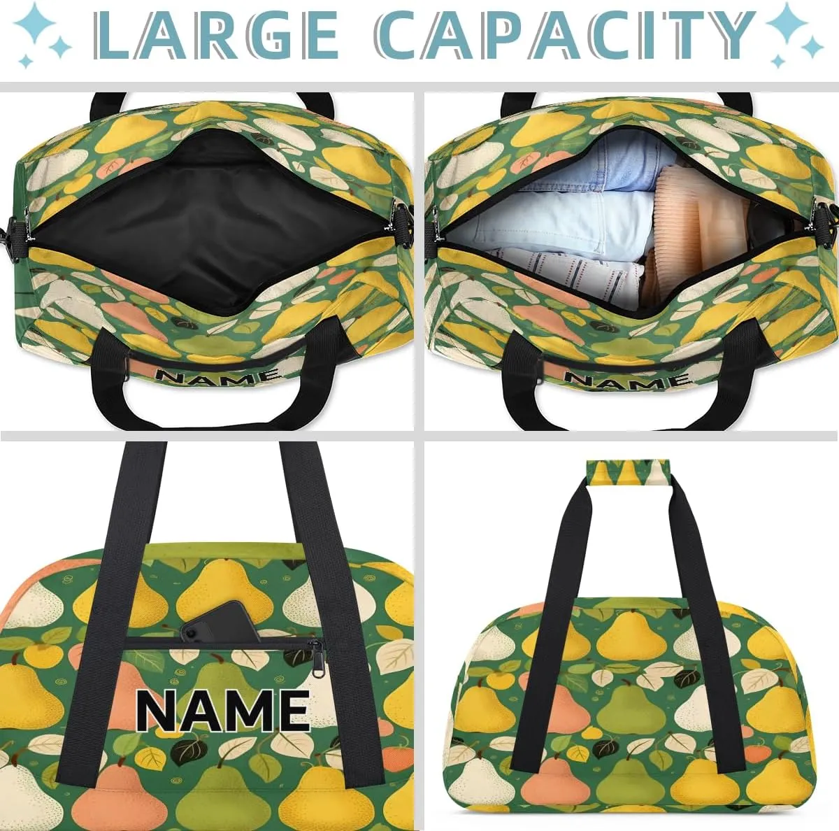 Custom Pear Pattern Small Gym Bag 18 inch for Women Men Personalized Fruits Carry On Overnight Weekender Bag for Travel Work Dance Sport