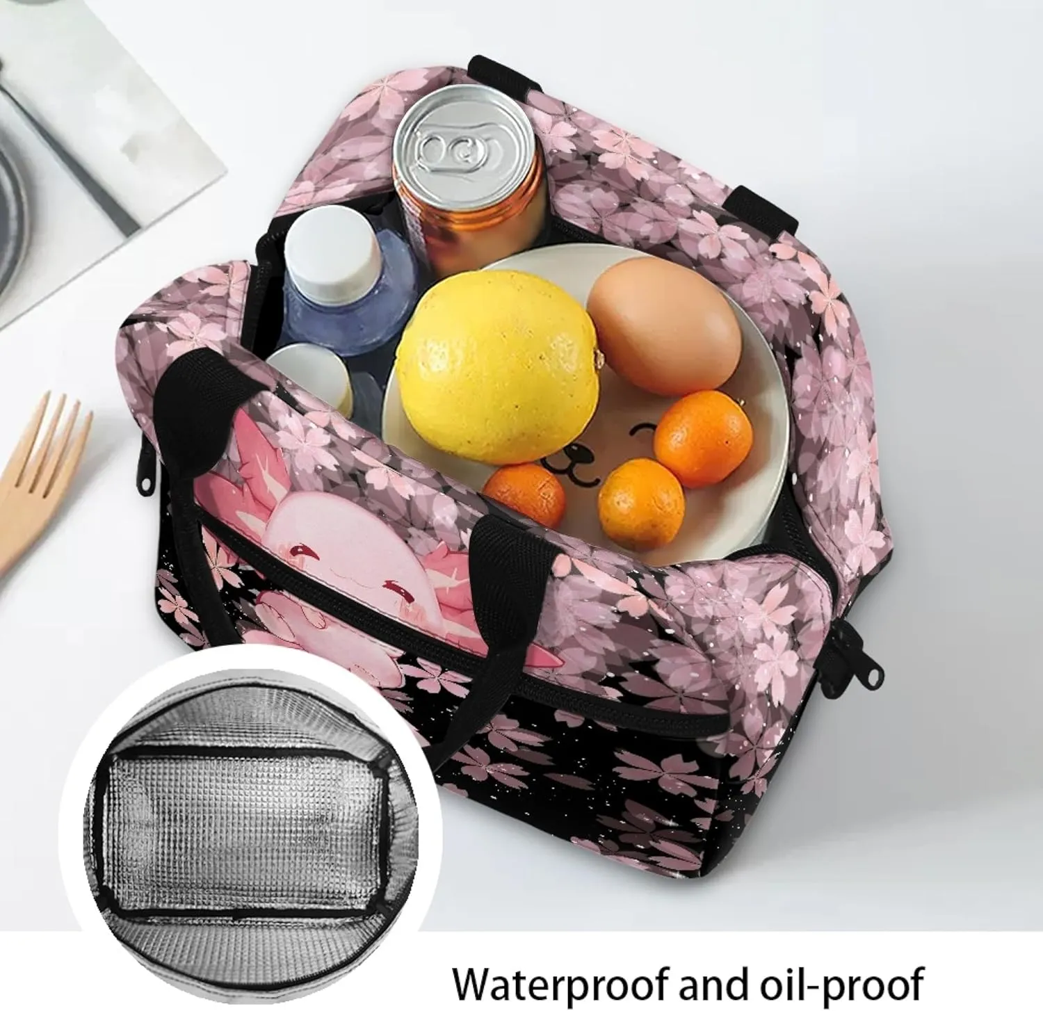 Cute Axolotl Lunch Bag for Women Teen Girls Insulated Lunch Bags Crossbody Lunchbox Tote Handbag Purse with Water Bottle Holder for Travel Picnic Workout Office Pink