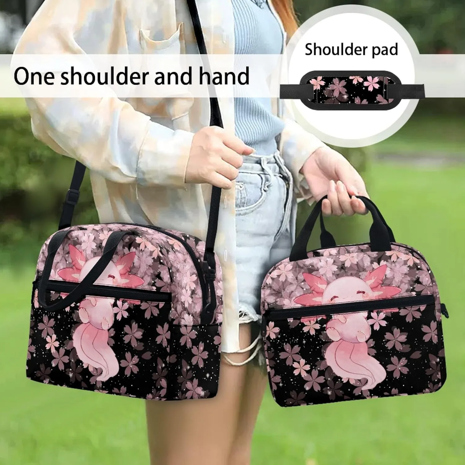 Cute Axolotl Lunch Bag for Women Teen Girls Insulated Lunch Bags Crossbody Lunchbox Tote Handbag Purse with Water Bottle Holder for Travel Picnic Workout Office Pink