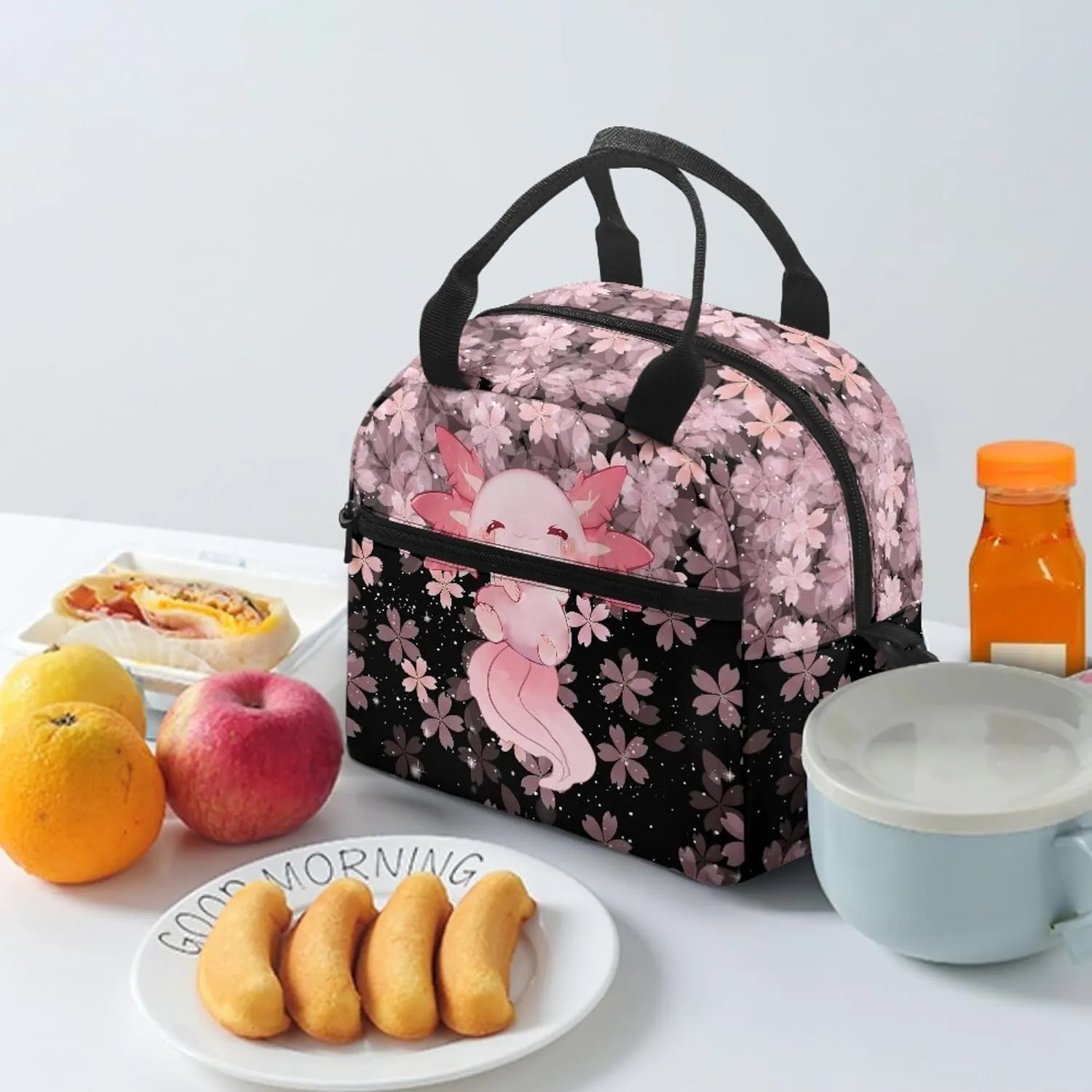 Cute Axolotl Lunch Bag for Women Teen Girls Insulated Lunch Bags Crossbody Lunchbox Tote Handbag Purse with Water Bottle Holder for Travel Picnic Workout Office Pink