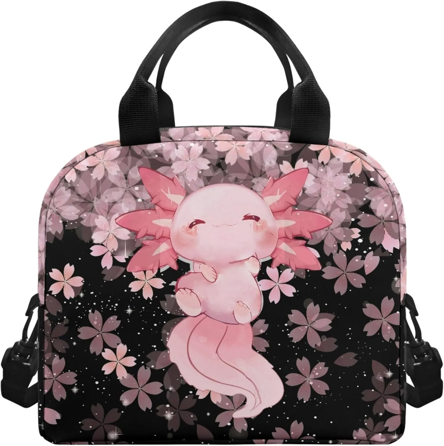 Cute Axolotl Lunch Bag for Women Teen Girls Insulated Lunch Bags Crossbody Lunchbox Tote Handbag Purse with Water Bottle Holder for Travel Picnic Workout Office Pink