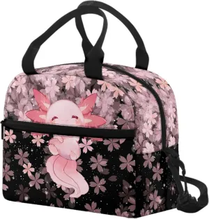 Cute Axolotl Lunch Bag for Women Teen Girls Insulated Lunch Bags Crossbody Lunchbox Tote Handbag Purse with Water Bottle Holder for Travel Picnic Workout Office Pink