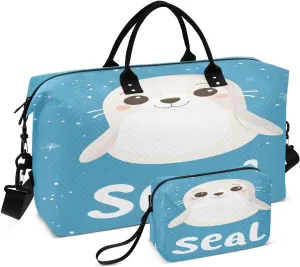 Cute Cartoon Seal Travel Duffel Bags 2PCS,Sports Duffel Bags for Men Women,Weekender Overnight Bag Gym Tote Bag with Toiletry Bag