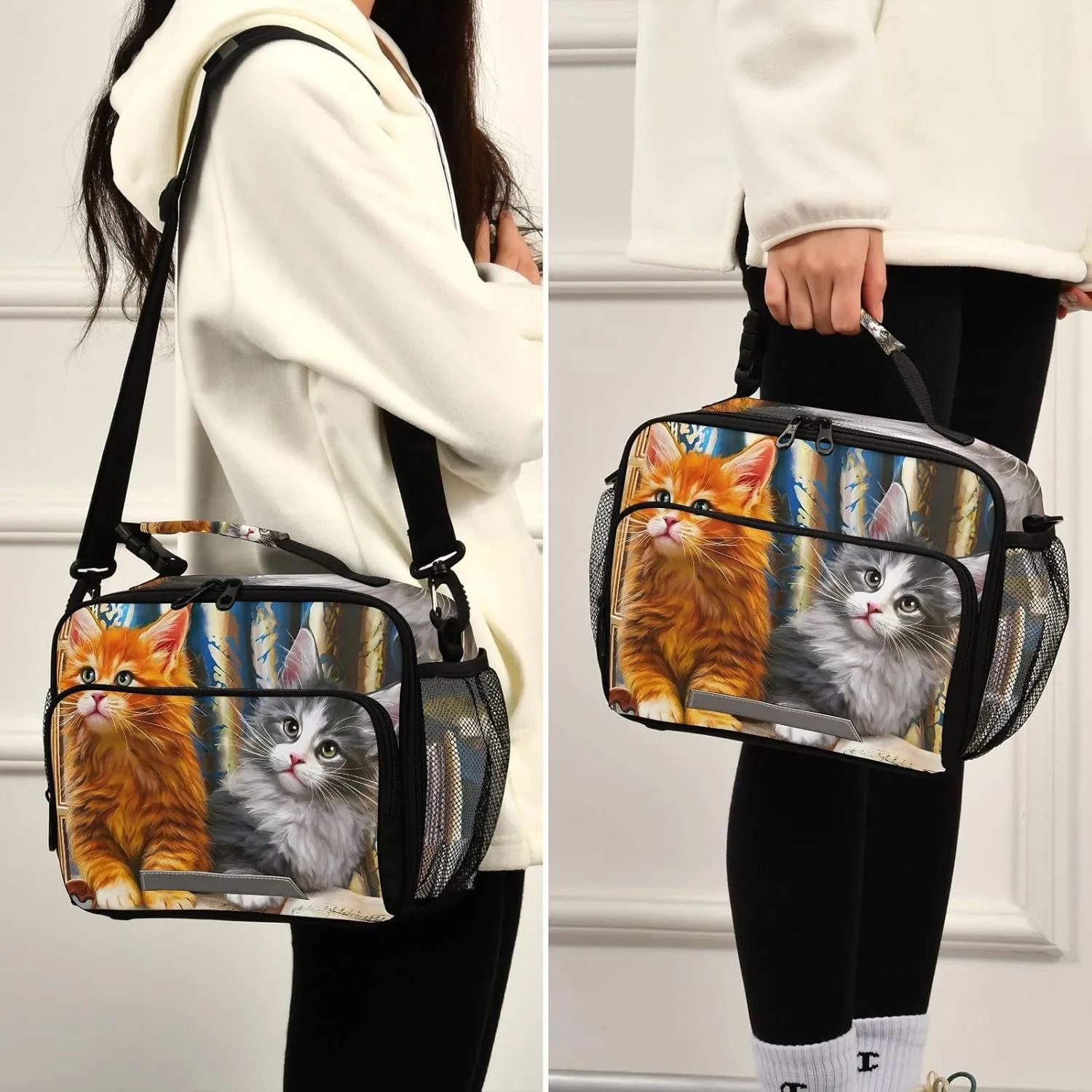 Cute Cast Kitten Lunch Bag for Women Men Oil Painting Insulated Cooler Tote Bag with Adjustable Shoulder Strap Large Capacity Reusable Leakproof Picnic Lunch Box Outdoor for Adult Office