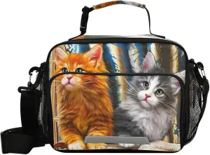 Cute Cast Kitten Lunch Bag for Women Men Oil Painting Insulated Cooler Tote Bag with Adjustable Shoulder Strap Large Capacity Reusable Leakproof Picnic Lunch Box Outdoor for Adult Office