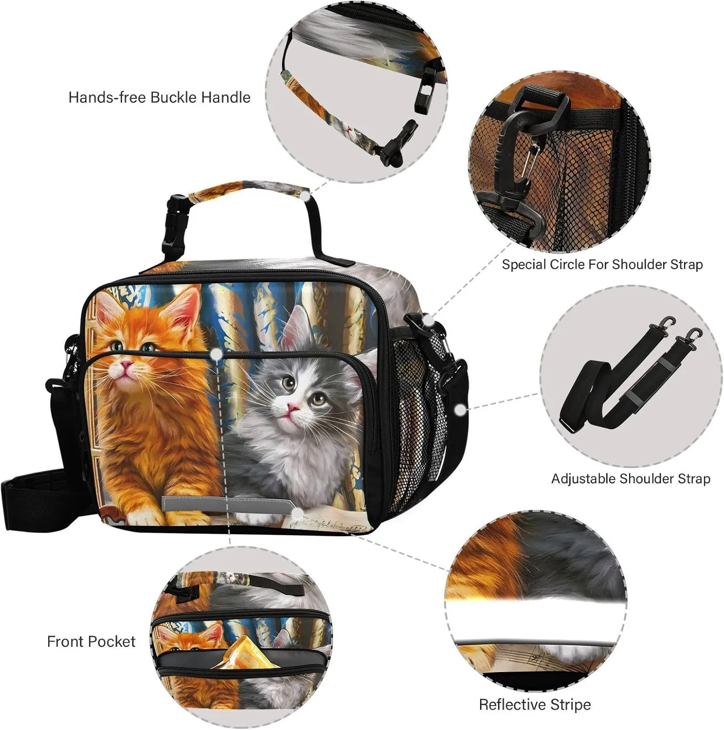 Cute Cast Kitten Lunch Bag for Women Men Oil Painting Insulated Cooler Tote Bag with Adjustable Shoulder Strap Large Capacity Reusable Leakproof Picnic Lunch Box Outdoor for Adult Office
