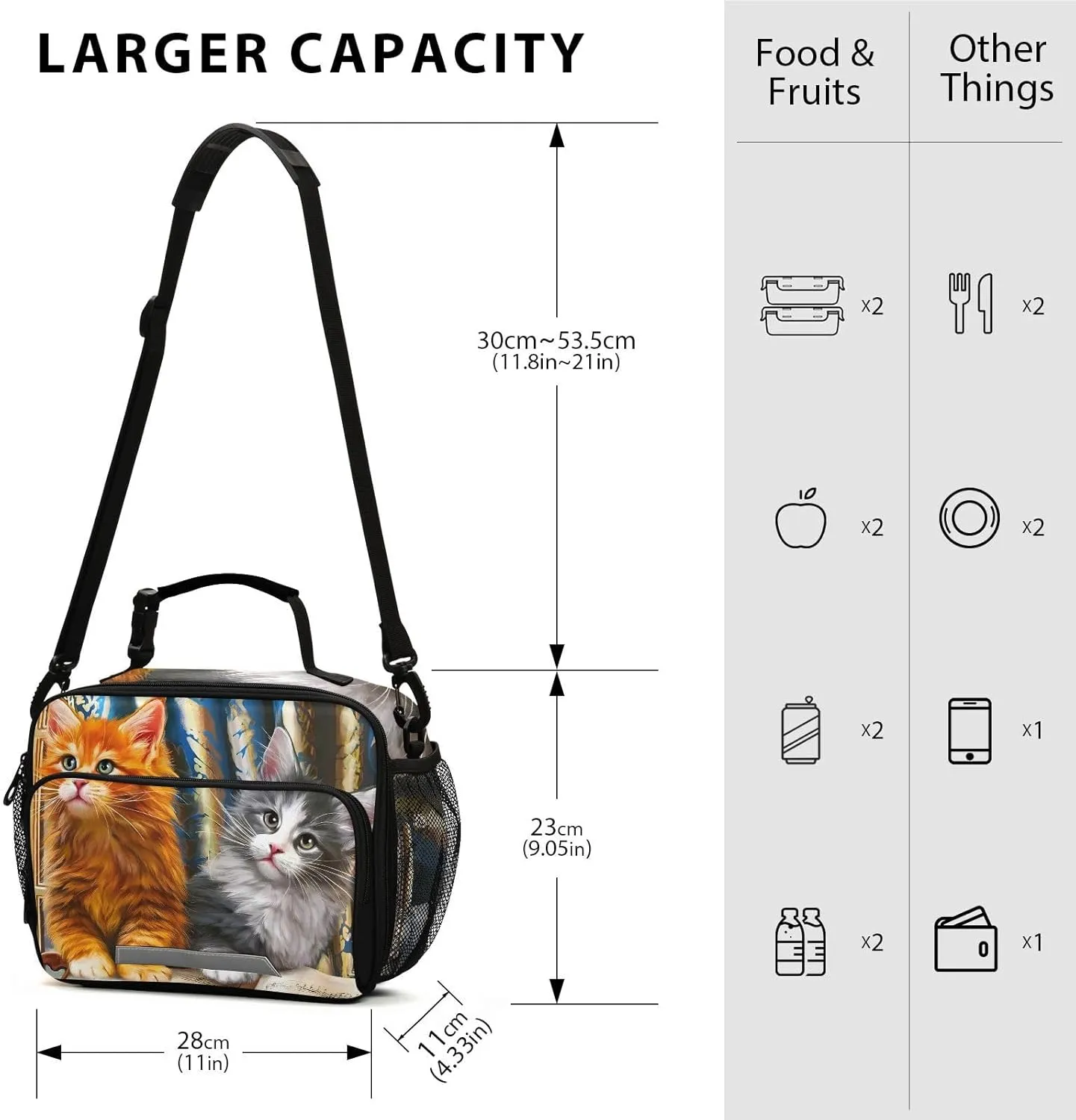 Cute Cast Kitten Lunch Bag for Women Men Oil Painting Insulated Cooler Tote Bag with Adjustable Shoulder Strap Large Capacity Reusable Leakproof Picnic Lunch Box Outdoor for Adult Office