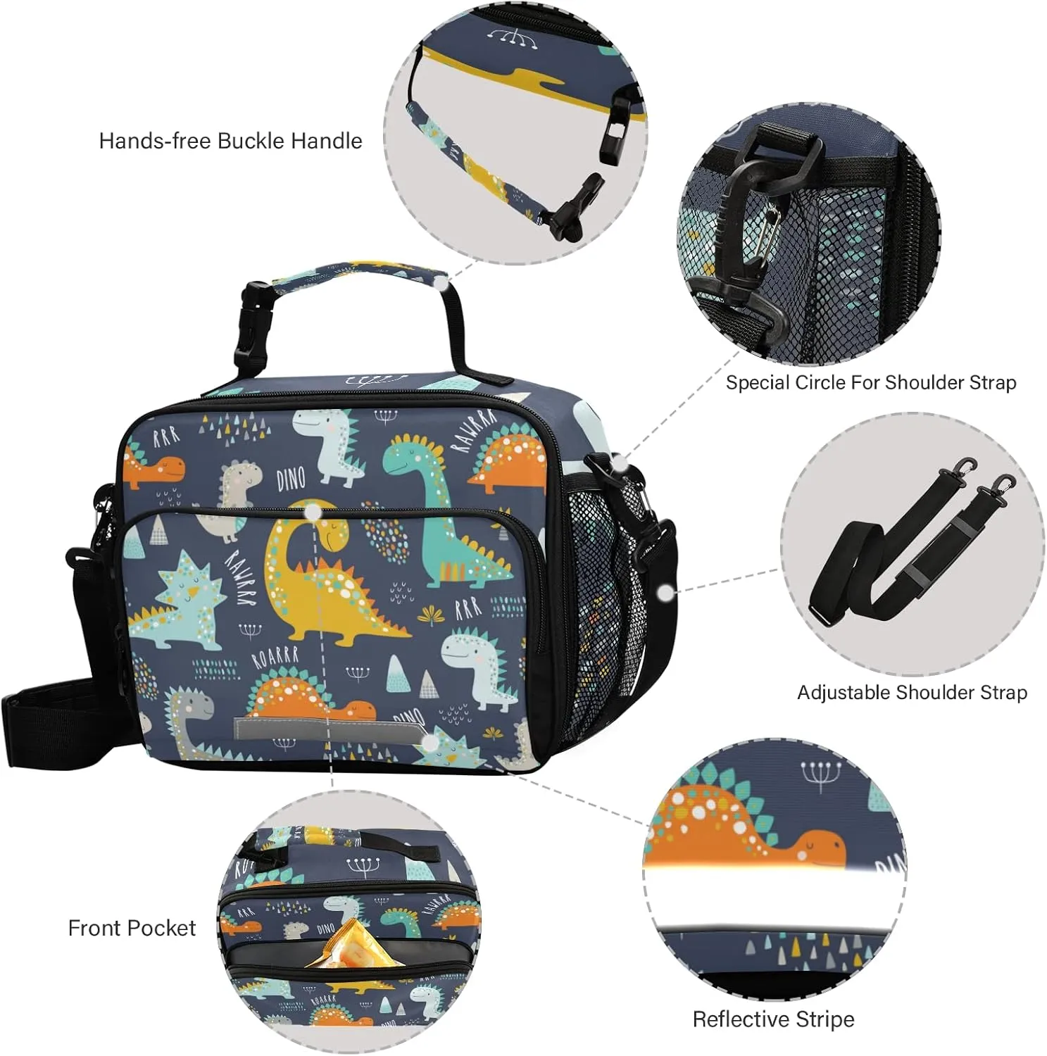 Cute Dinosaur Lunch Box Insulated Lunch Bag Boys Girls Cooler Tote Kids Shoulder Strap Reusable for School Picnic Travel Office