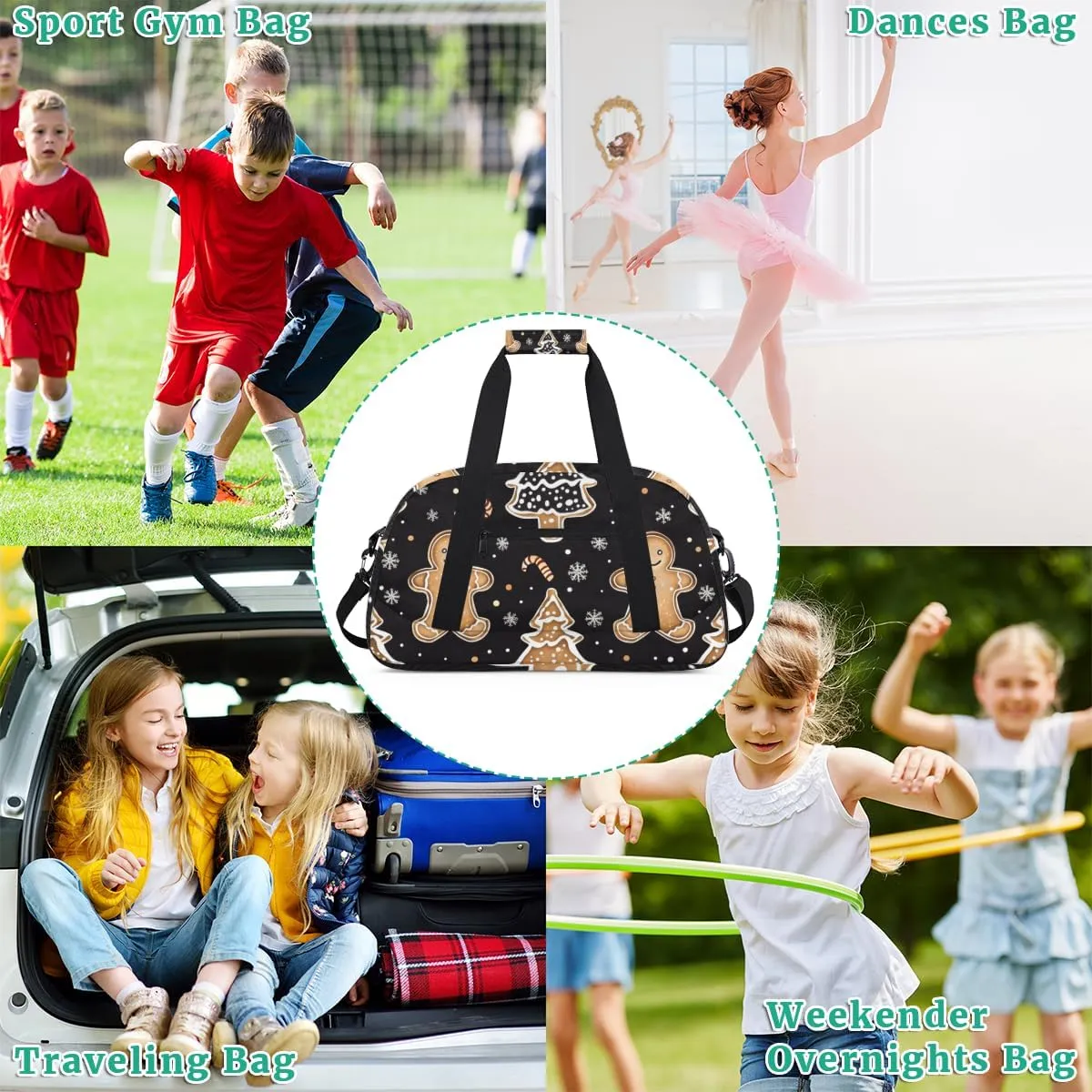Cute Gingerbread Man Boys Girls Gym Bag Dance Perform Training Duffel Bags Weekender Carry-On Tote Luggage Bag Ideal for School Practice or Overnight Trips