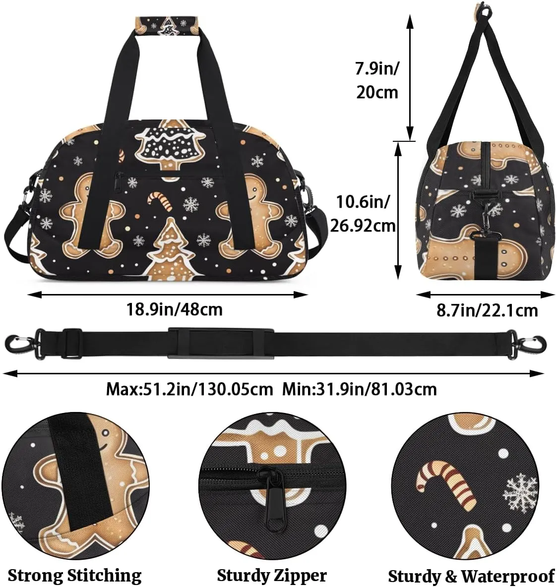 Cute Gingerbread Man Boys Girls Gym Bag Dance Perform Training Duffel Bags Weekender Carry-On Tote Luggage Bag Ideal for School Practice or Overnight Trips