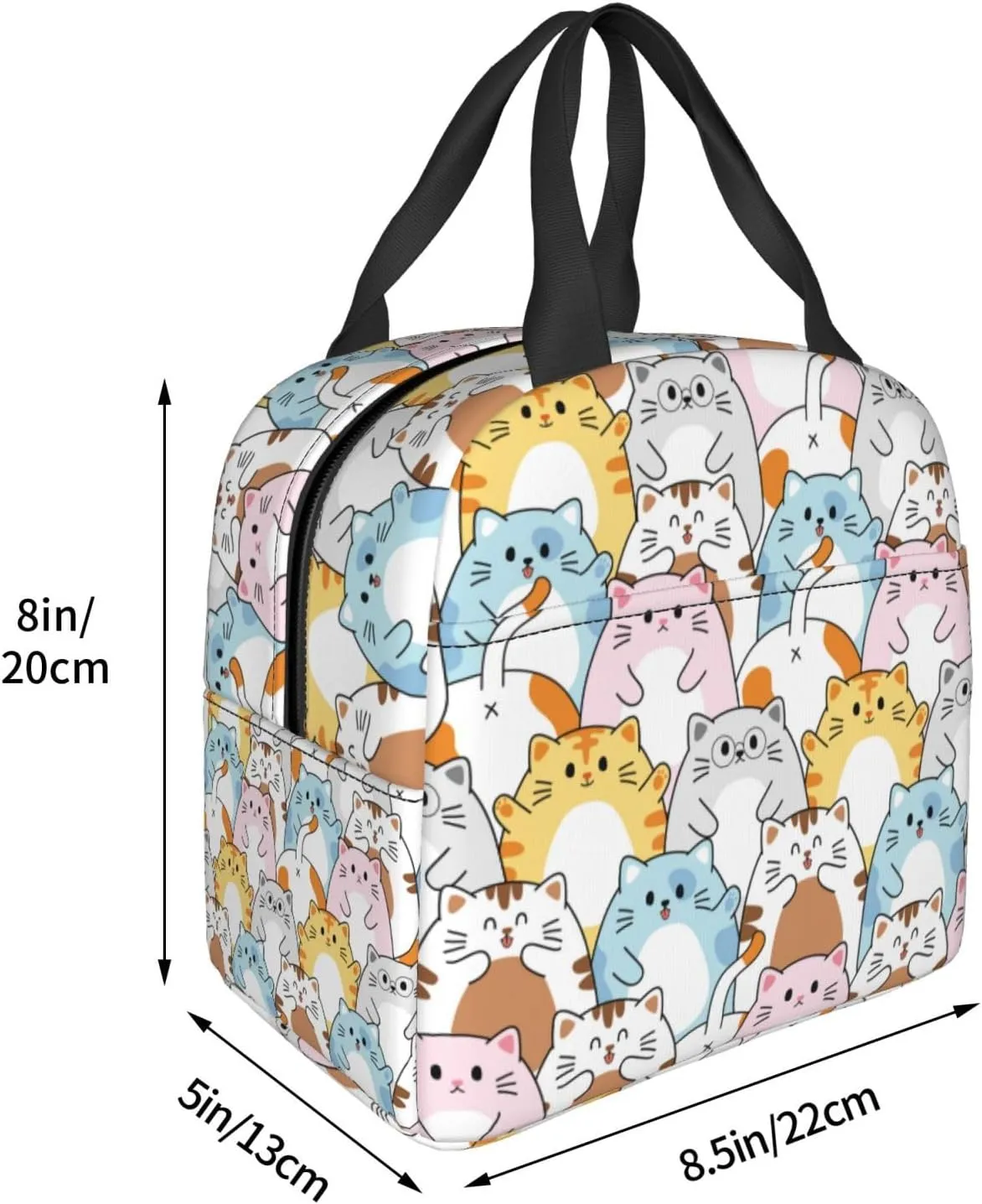 Cute Happy Cat Lunch Bag Compact Tote Bag Kawaii Animals Reusable Lunch Box Container For Women Men School Office Work, 6l