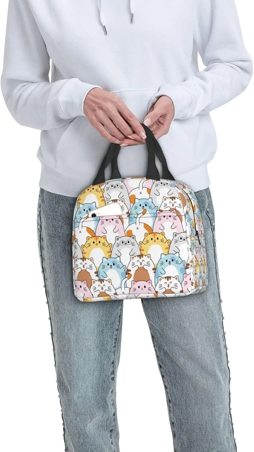 Cute Happy Cat Lunch Bag Compact Tote Bag Kawaii Animals Reusable Lunch Box Container For Women Men School Office Work, 6l