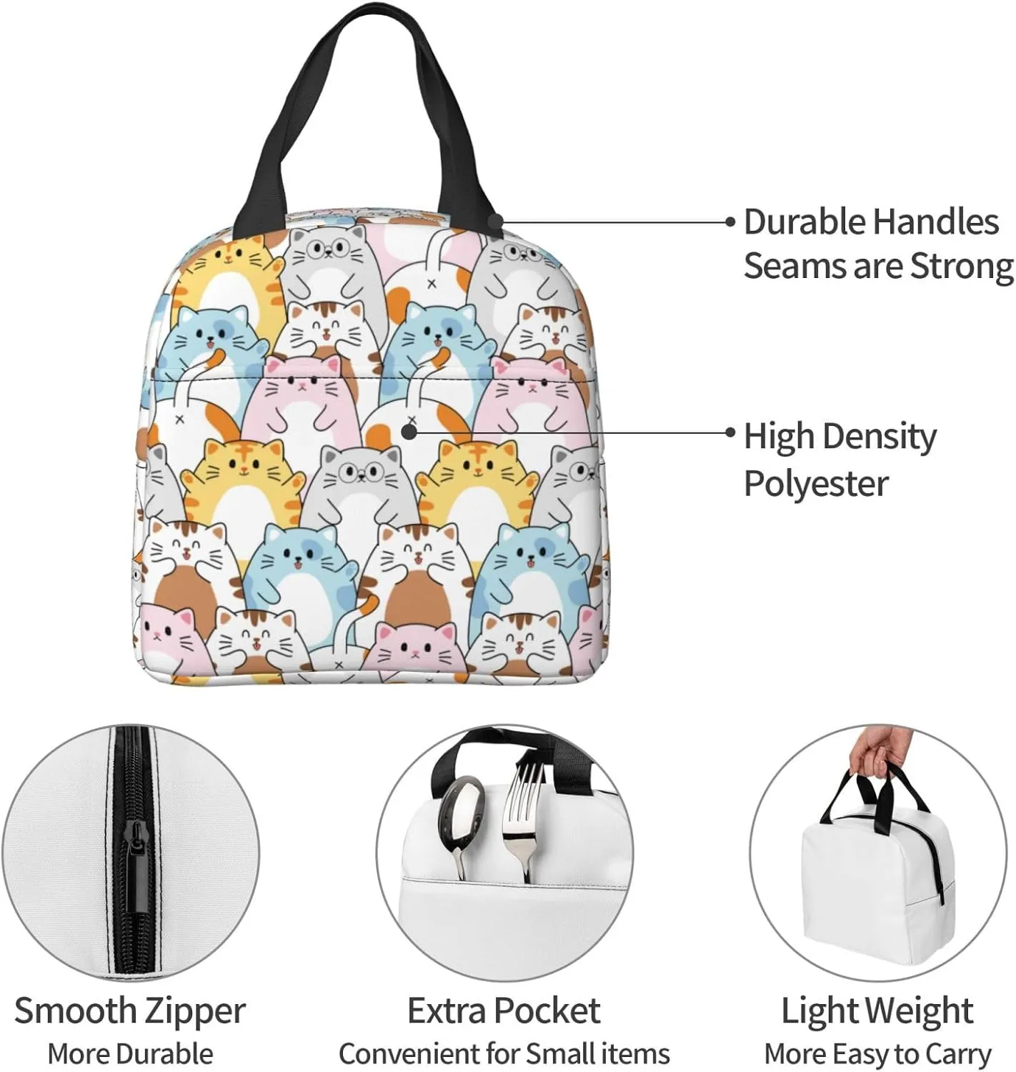 Cute Happy Cat Lunch Bag Compact Tote Bag Kawaii Animals Reusable Lunch Box Container For Women Men School Office Work, 6l