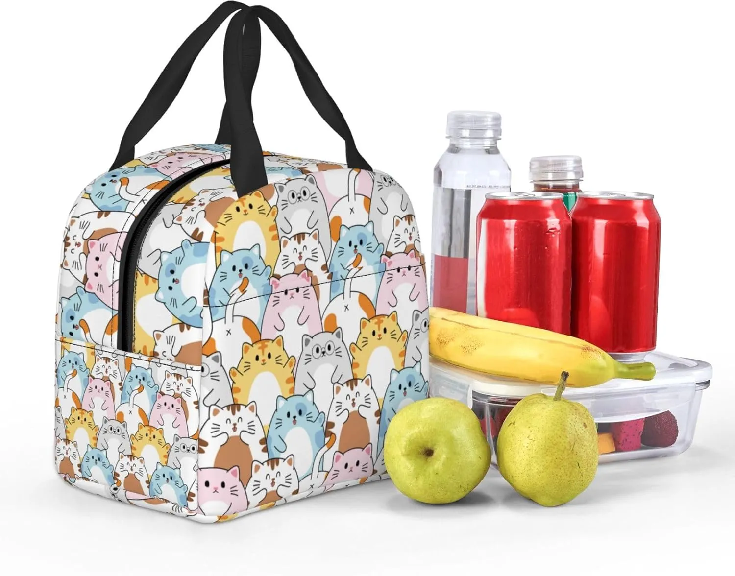 Cute Happy Cat Lunch Bag Compact Tote Bag Kawaii Animals Reusable Lunch Box Container For Women Men School Office Work, 6l