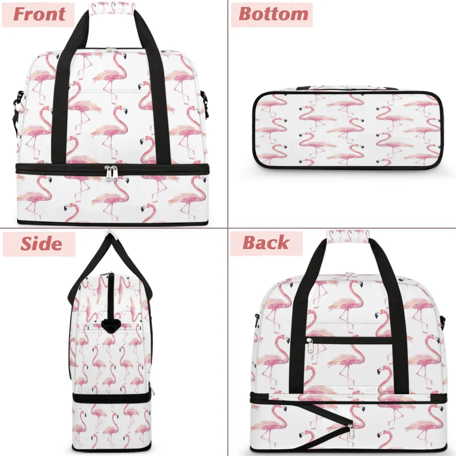 Cute Pink Flamingo Print Sports Gym Bag with Shoes Compartment Foldable Travel Duffel Bag Dry Wet Separated Sports Tote Workout Weekender Overnight Bag for Women Yoga Dance Work Training Handbag