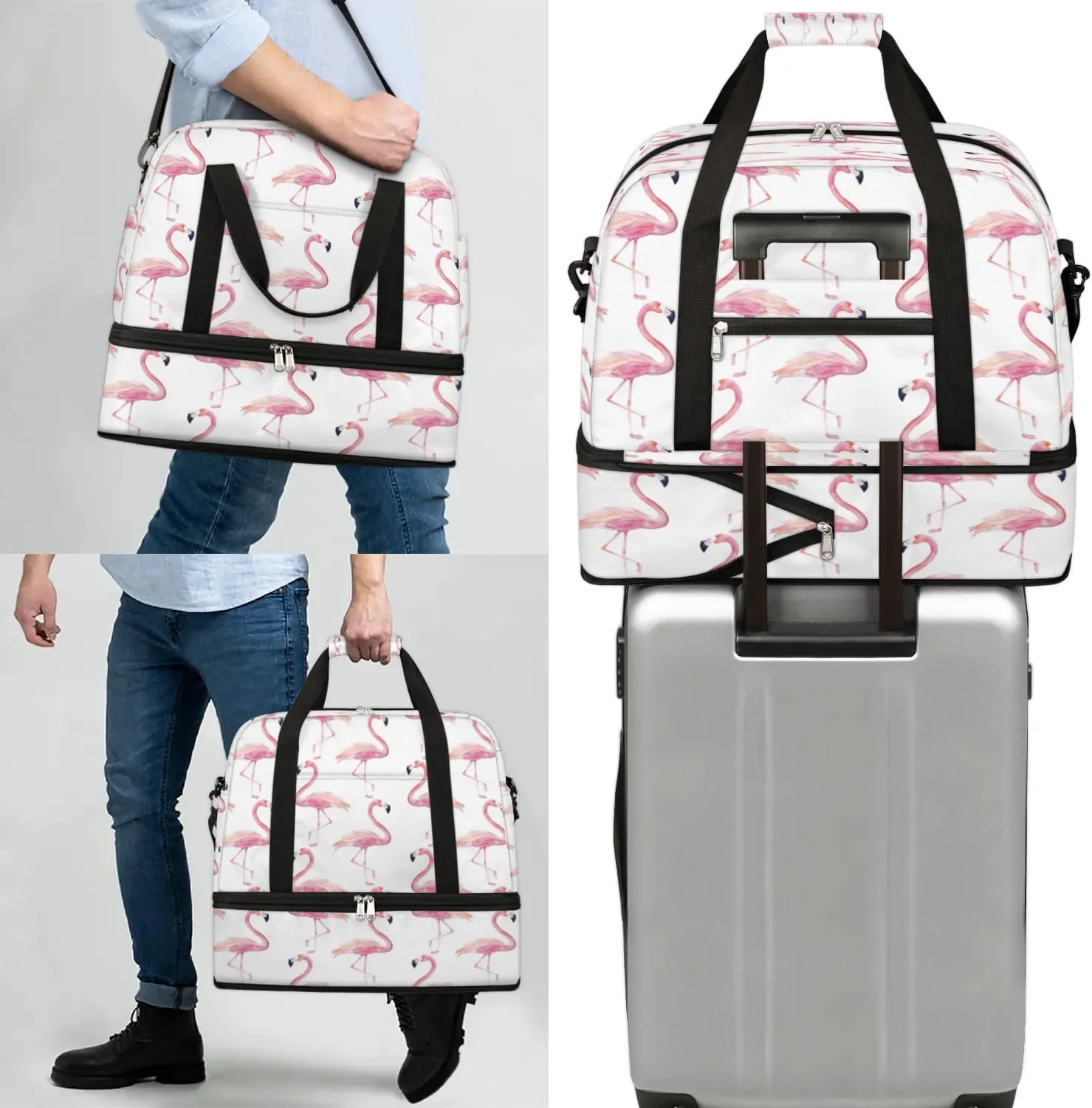 Cute Pink Flamingo Print Sports Gym Bag with Shoes Compartment Foldable Travel Duffel Bag Dry Wet Separated Sports Tote Workout Weekender Overnight Bag for Women Yoga Dance Work Training Handbag
