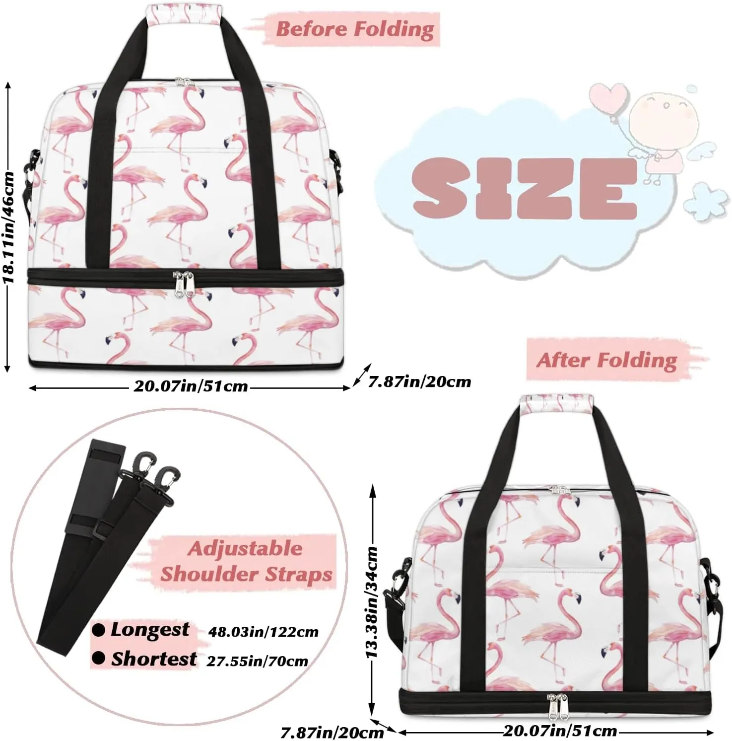 Cute Pink Flamingo Print Sports Gym Bag with Shoes Compartment Foldable Travel Duffel Bag Dry Wet Separated Sports Tote Workout Weekender Overnight Bag for Women Yoga Dance Work Training Handbag