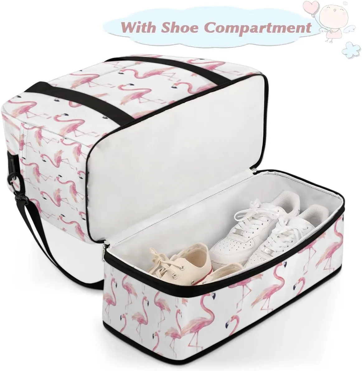 Cute Pink Flamingo Print Sports Gym Bag with Shoes Compartment Foldable Travel Duffel Bag Dry Wet Separated Sports Tote Workout Weekender Overnight Bag for Women Yoga Dance Work Training Handbag