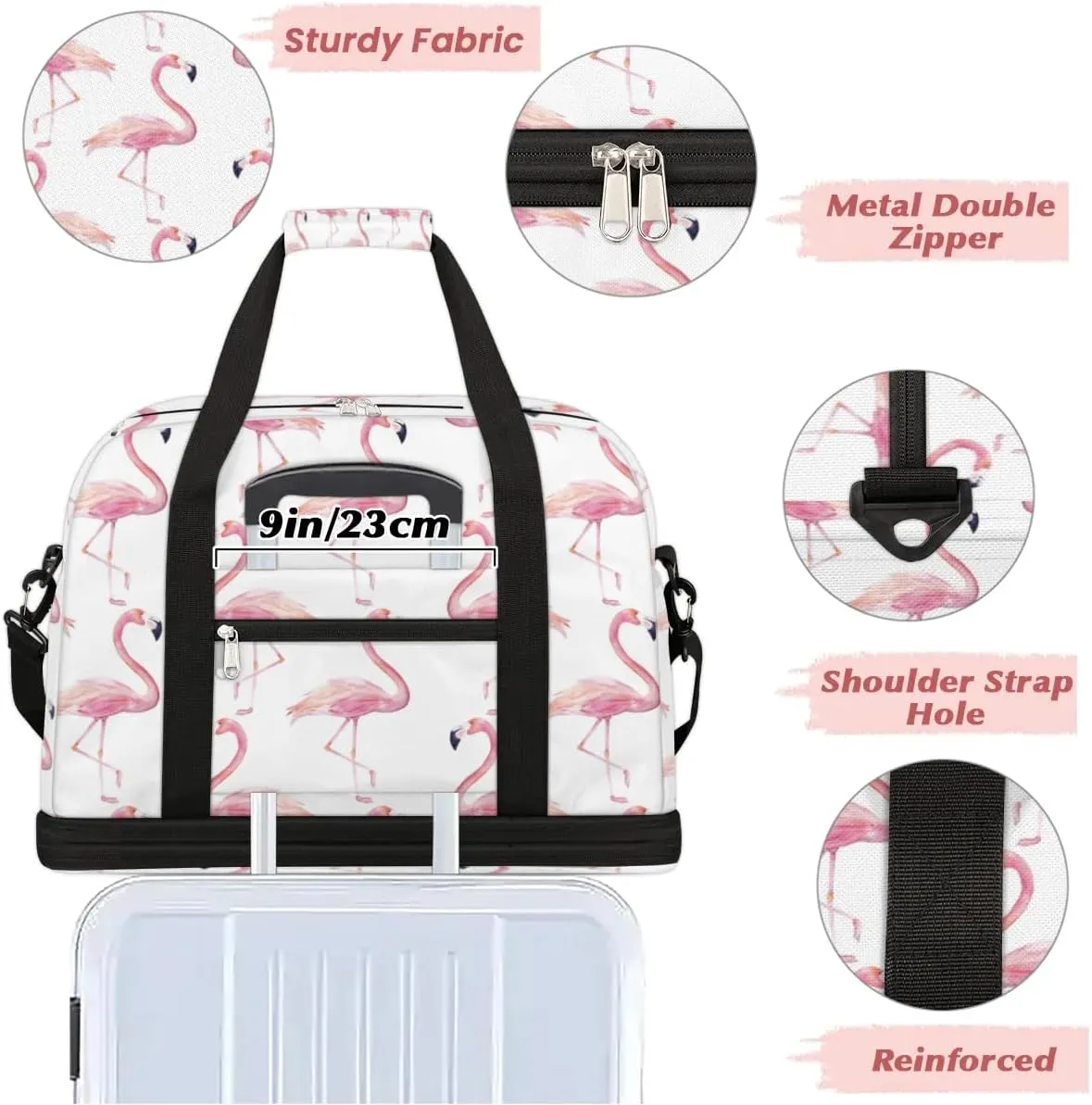 Cute Pink Flamingo Print Sports Gym Bag with Shoes Compartment Foldable Travel Duffel Bag Dry Wet Separated Sports Tote Workout Weekender Overnight Bag for Women Yoga Dance Work Training Handbag