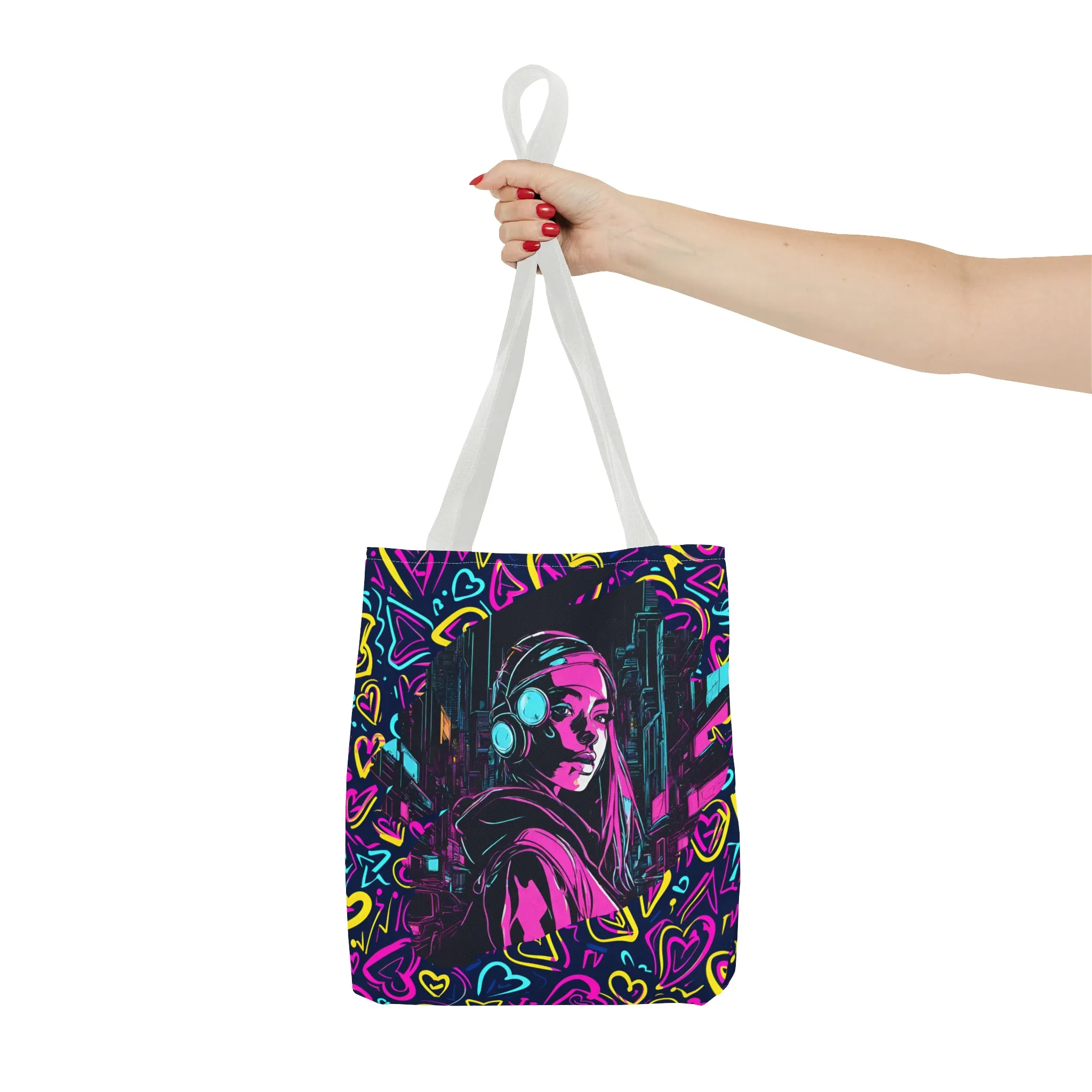 Cyberpunk Girl in Neon Graffiti Hearts AOP Tote Bag 3 sizes 5 color handle options