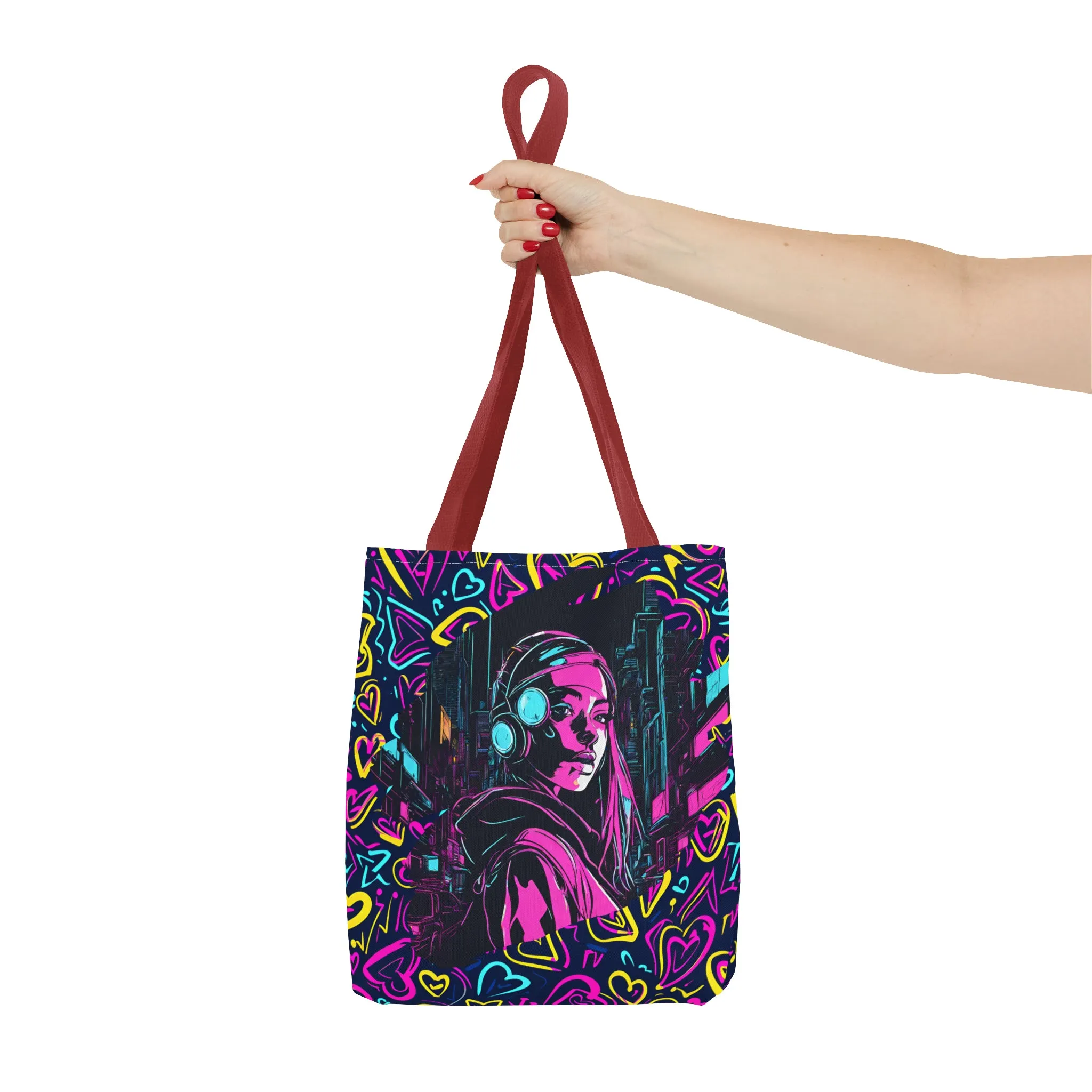 Cyberpunk Girl in Neon Graffiti Hearts AOP Tote Bag 3 sizes 5 color handle options