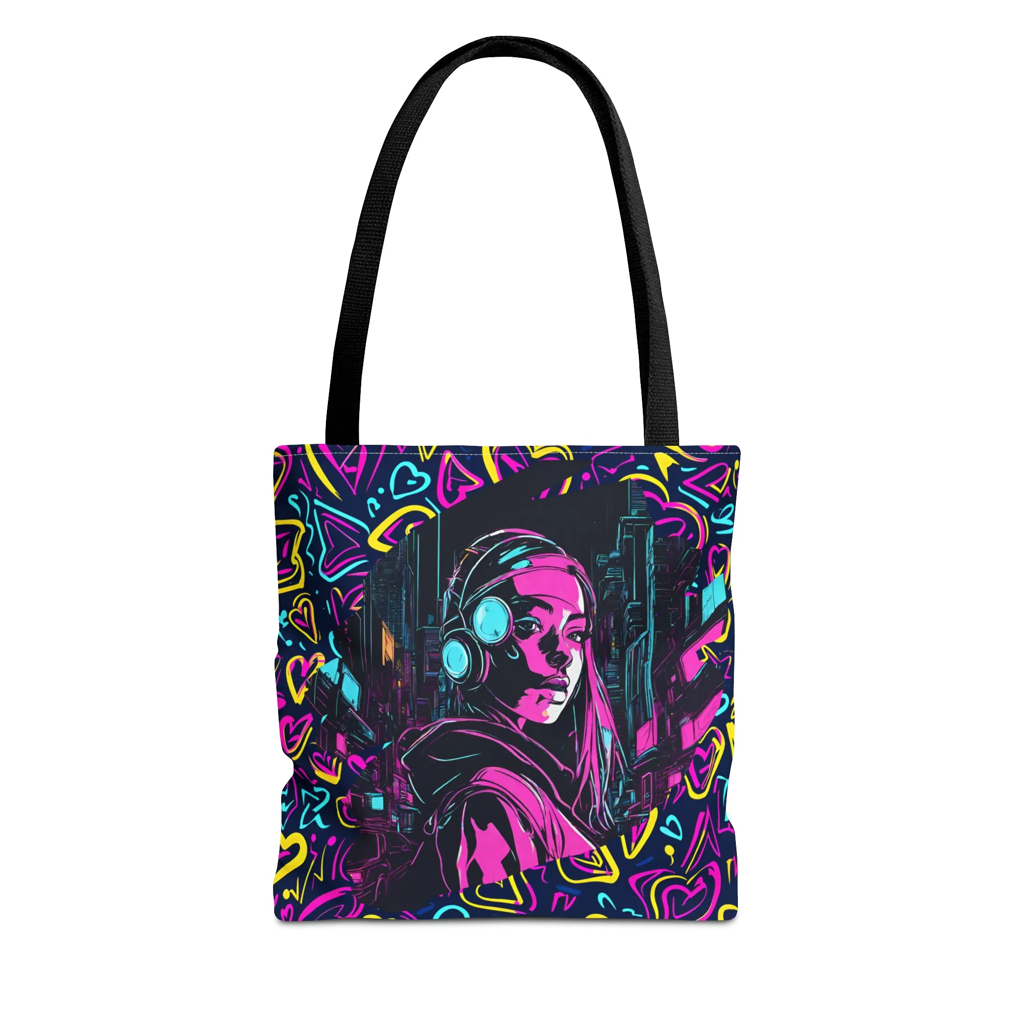 Cyberpunk Girl in Neon Graffiti Hearts AOP Tote Bag 3 sizes 5 color handle options