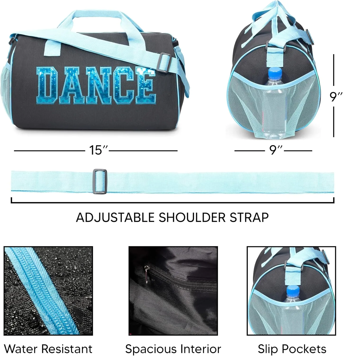 Dance Duffle Bag for Girls, Water-resistant Kids Travel Bag with Adjustable Carry On and Handy Pouch, Dance Accessories For Girls (Black/Turquoise) One Size