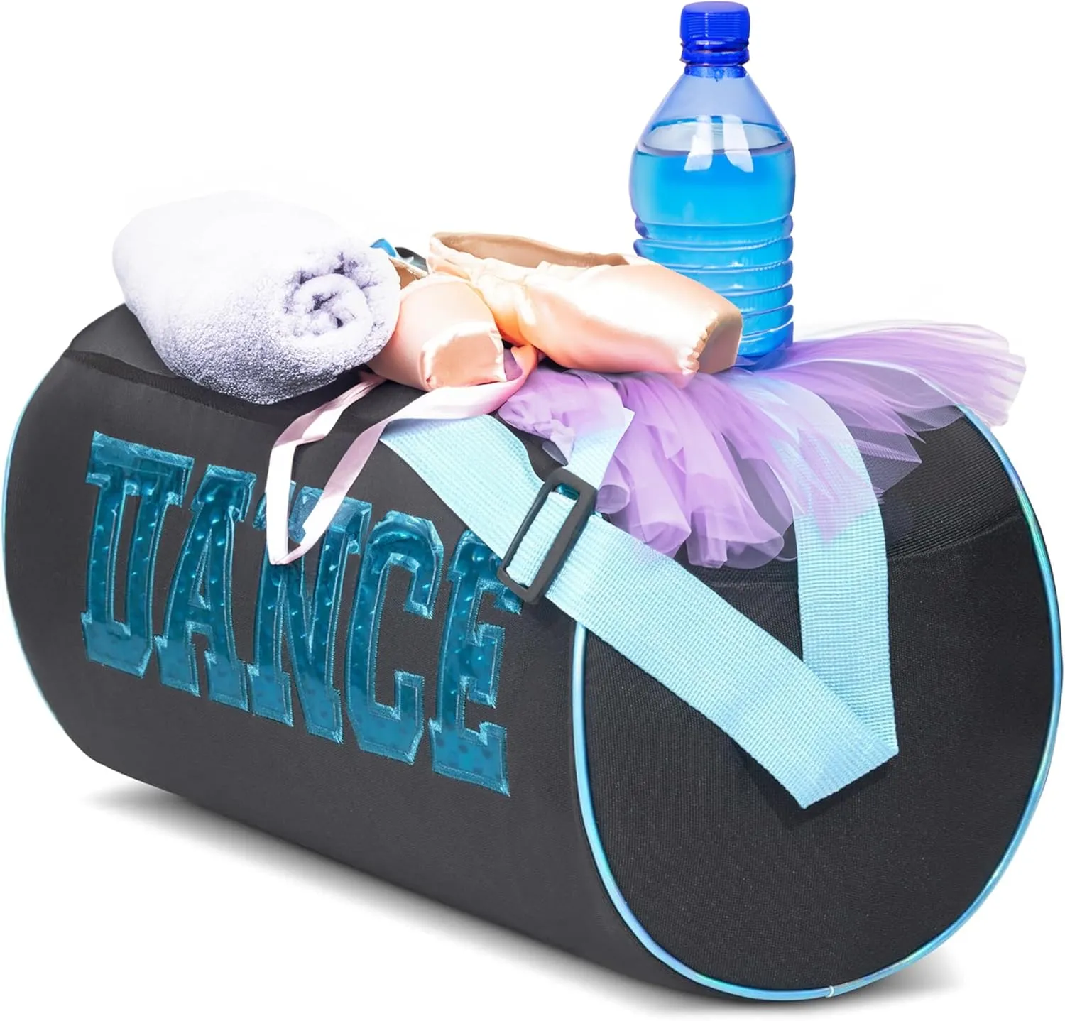 Dance Duffle Bag for Girls, Water-resistant Kids Travel Bag with Adjustable Carry On and Handy Pouch, Dance Accessories For Girls (Black/Turquoise) One Size