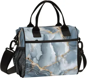 Dark Blue White Marble with Hints Of Gold Pattern Large Lunch Box for Men Women Adults Insulated Lunch Bag Cooler Bag with Adjustable Shoulder Strap for Work Picnic Travel