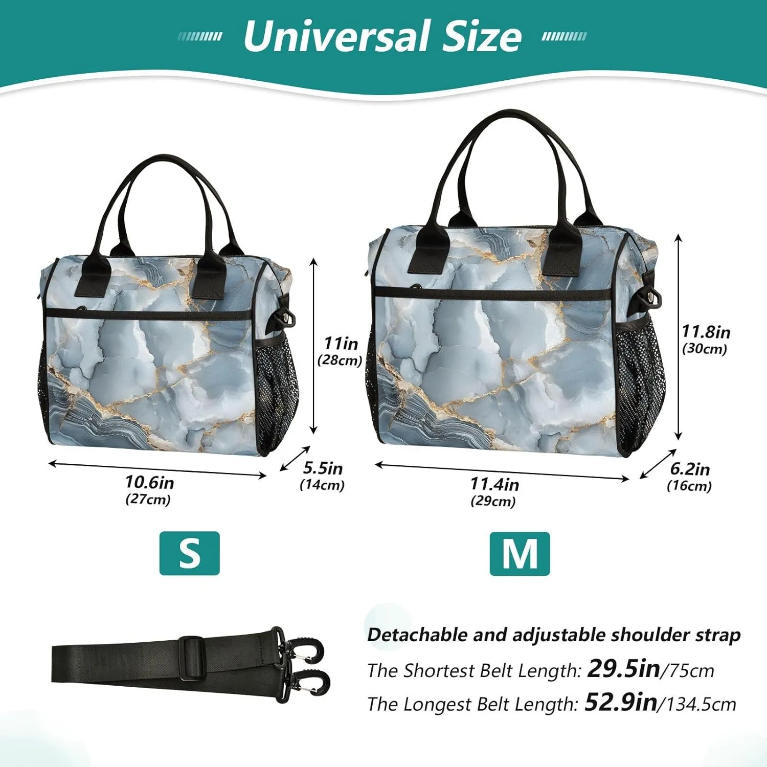 Dark Blue White Marble with Hints Of Gold Pattern Large Lunch Box for Men Women Adults Insulated Lunch Bag Cooler Bag with Adjustable Shoulder Strap for Work Picnic Travel