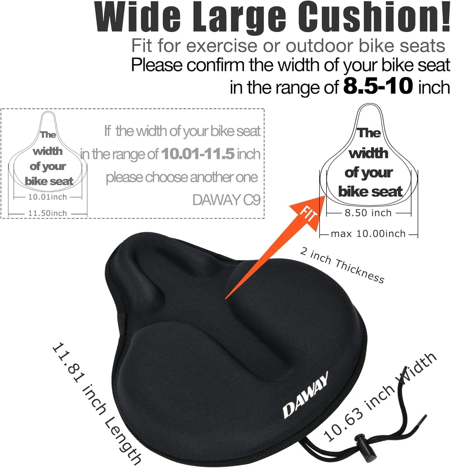 DAWAY Comfortable Bike Seat Cover - Silicone Gel & Memory Foam Padded Bike Seat Cushion for Men Women - Soft Bicycle Saddle Cover for Peloton, Stationary Exercise, Mountain Road Bikes - XL/Large/Small