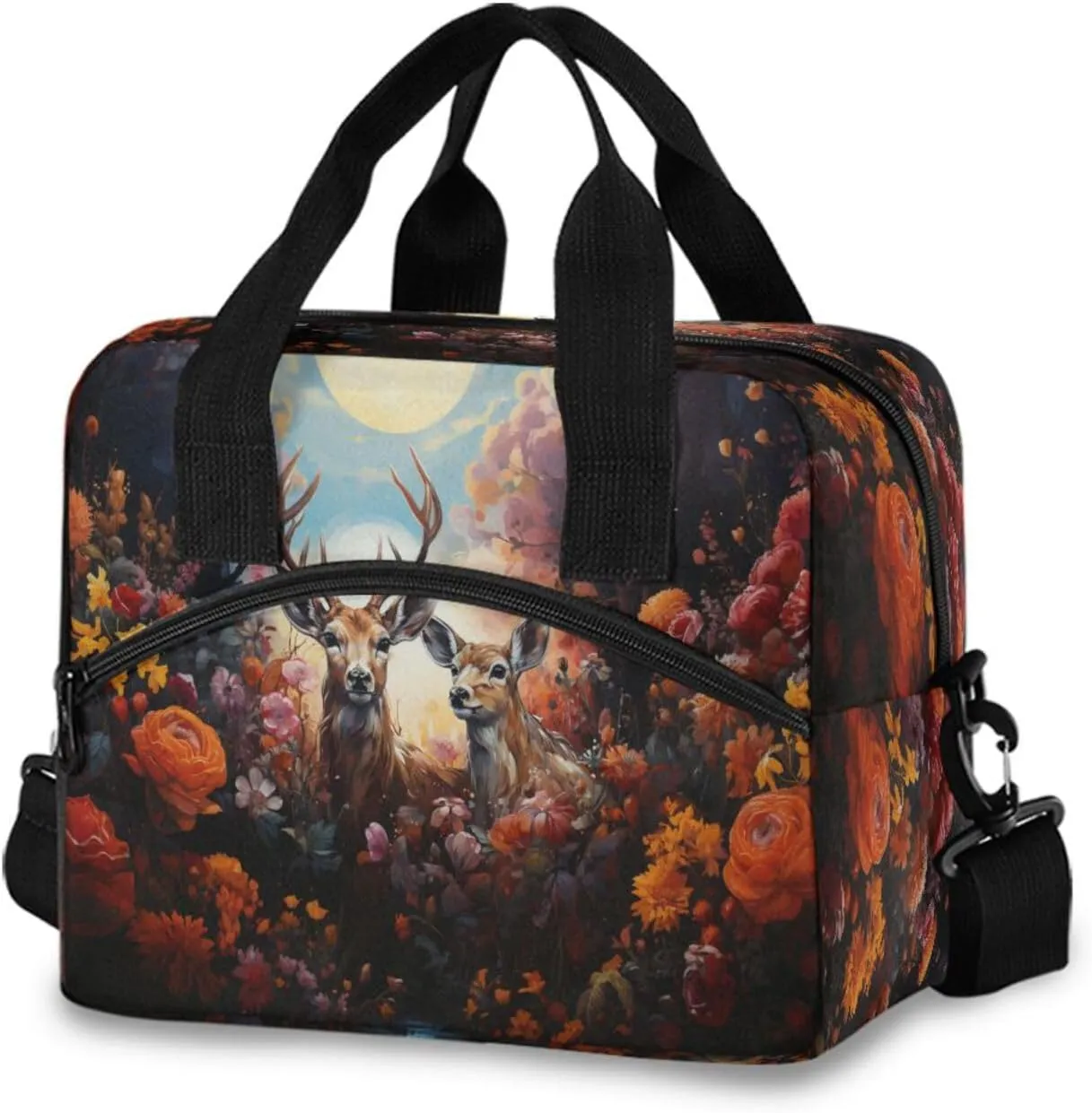 Deer Flowers Lunch Box for Men Women Adults Insulated Lunch Bag Cooler Bag with Adjustable Shoulder Strap for Work Picnic Travel