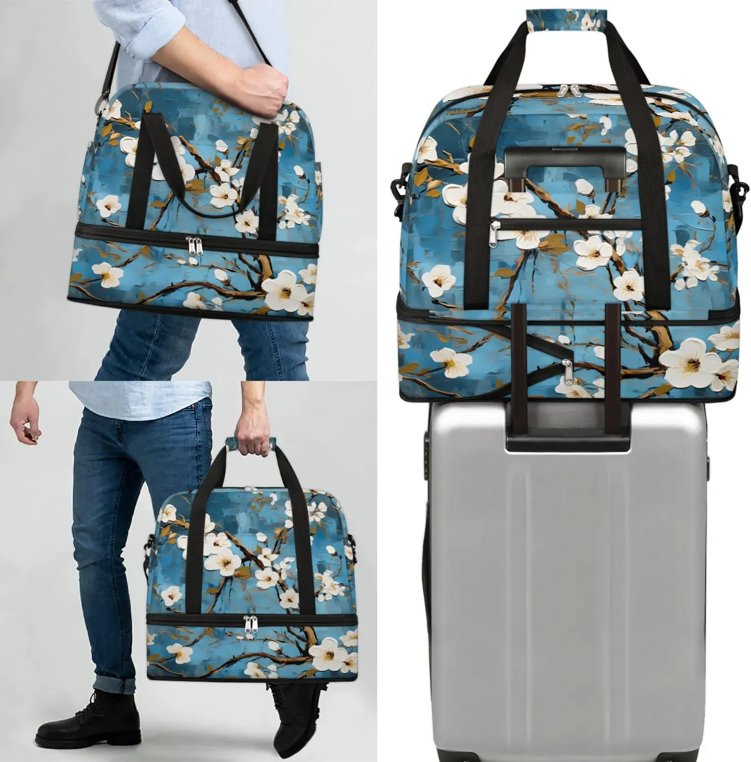 Delicate Patterns Flora Retro Travel Duffle Bag, Collapsible Travel Bag Sports Gym Bag With Shoes Compartment Weekender Bag Overnight Bag For Women Men