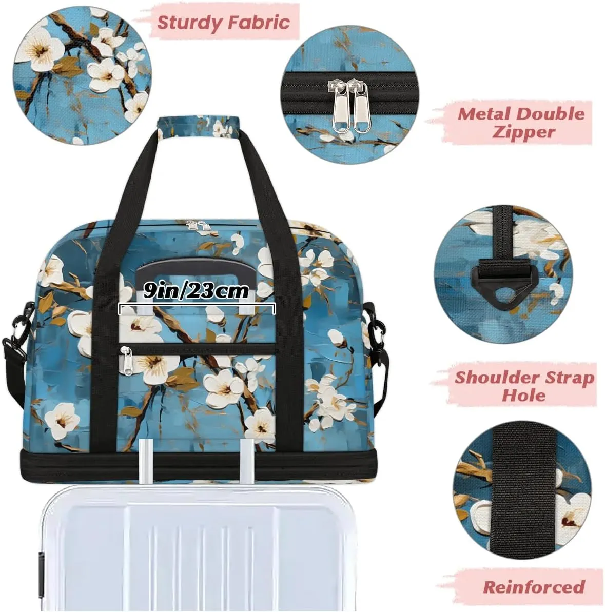 Delicate Patterns Flora Retro Travel Duffle Bag, Collapsible Travel Bag Sports Gym Bag With Shoes Compartment Weekender Bag Overnight Bag For Women Men