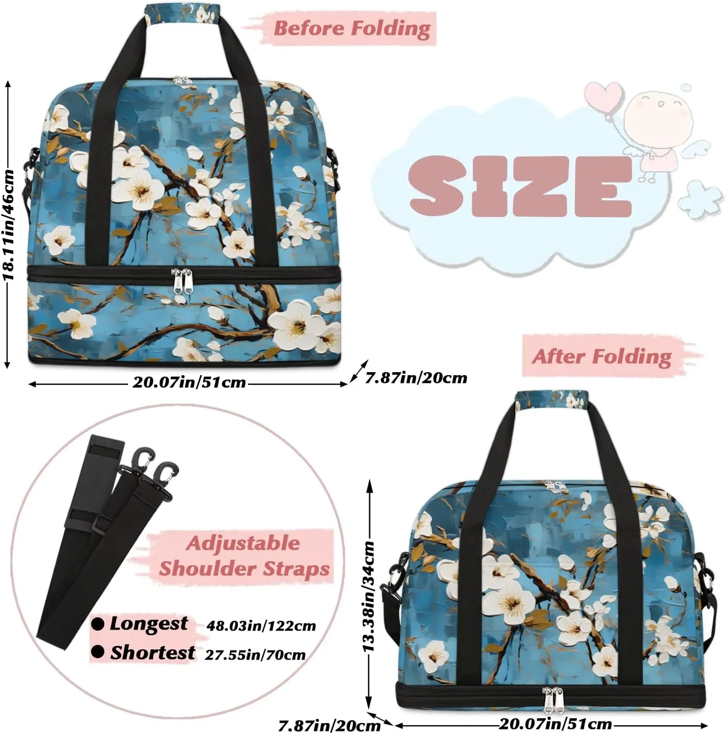 Delicate Patterns Flora Retro Travel Duffle Bag, Collapsible Travel Bag Sports Gym Bag With Shoes Compartment Weekender Bag Overnight Bag For Women Men