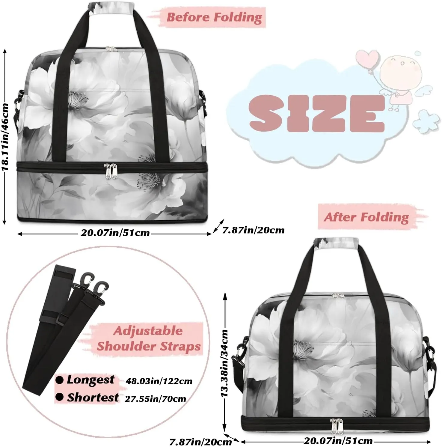 Delicate Retro Flora Printings Travel Duffle Bag, Collapsible Travel Bag Sports Gym Bag With Shoes Compartment Weekender Bag Overnight Bag For Women Men