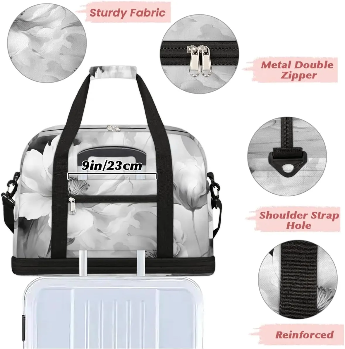 Delicate Retro Flora Printings Travel Duffle Bag, Collapsible Travel Bag Sports Gym Bag With Shoes Compartment Weekender Bag Overnight Bag For Women Men