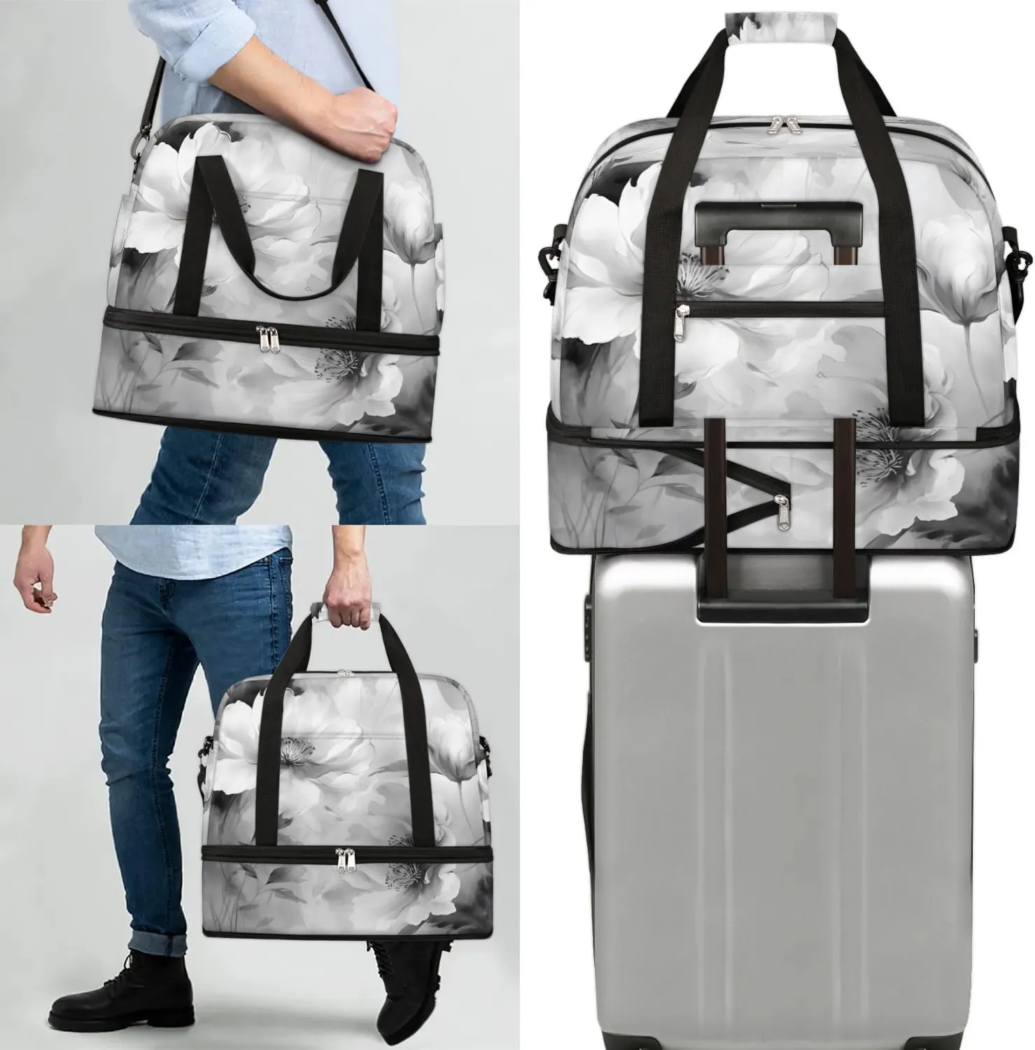 Delicate Retro Flora Printings Travel Duffle Bag, Collapsible Travel Bag Sports Gym Bag With Shoes Compartment Weekender Bag Overnight Bag For Women Men
