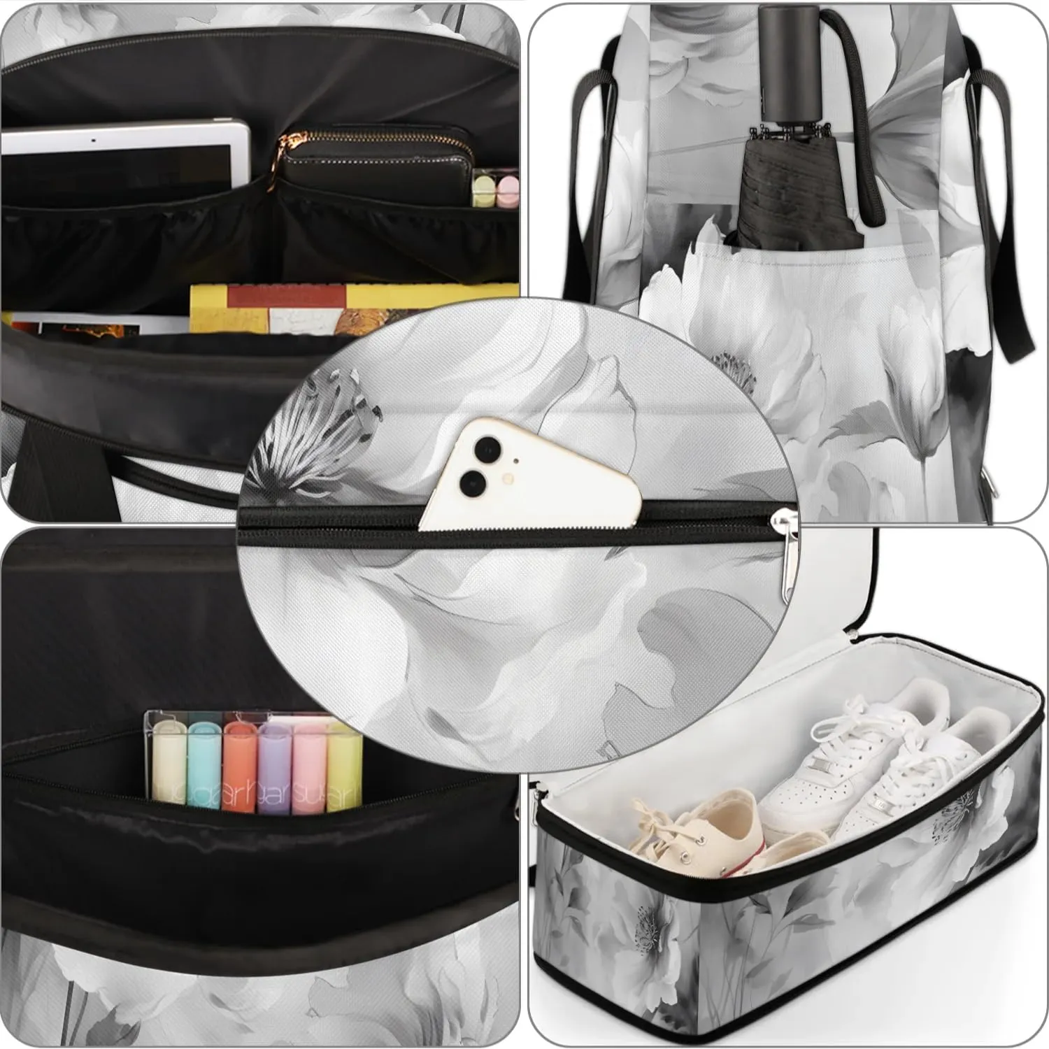 Delicate Retro Flora Printings Travel Duffle Bag, Collapsible Travel Bag Sports Gym Bag With Shoes Compartment Weekender Bag Overnight Bag For Women Men