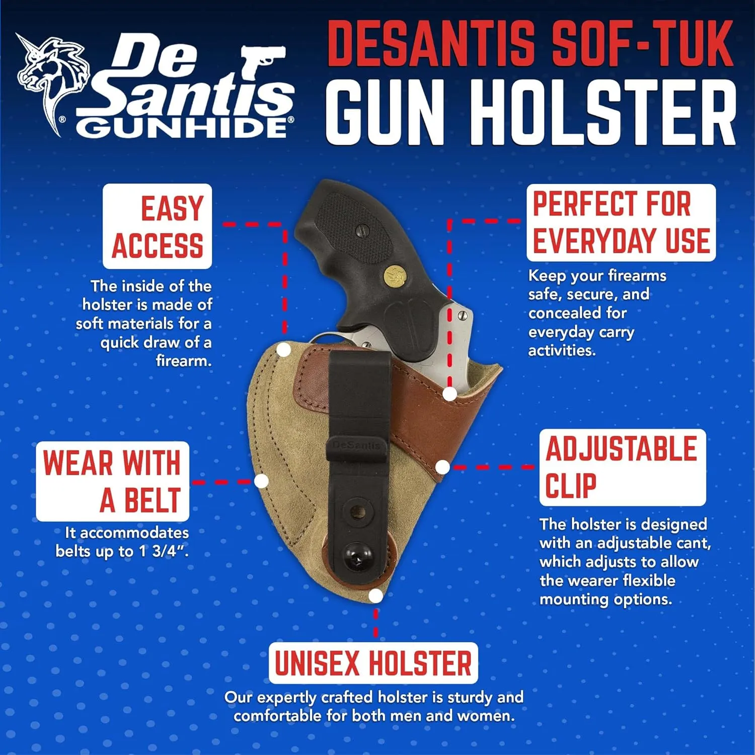 DeSantis Sof-Tuck - IWB Gun Holster for Men and Women, Concealed Carry for Pistols, Quick Draw, Made with Soft No-Slip Suede & Premium Saddle Leather, Adjustable Cant, Suitable for Appendix Wear