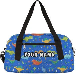 Dinosaur Blue Background Personalized Kids Duffel Bag for Girls Boys, Dinosaur Debris Custom Overnight Small Duffel Bag Carry On Weekend Sports Travel Bag for School Practice Gymnastics Ballet