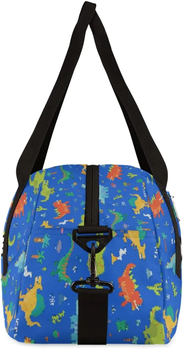 Dinosaur Blue Background Personalized Kids Duffel Bag for Girls Boys, Dinosaur Debris Custom Overnight Small Duffel Bag Carry On Weekend Sports Travel Bag for School Practice Gymnastics Ballet