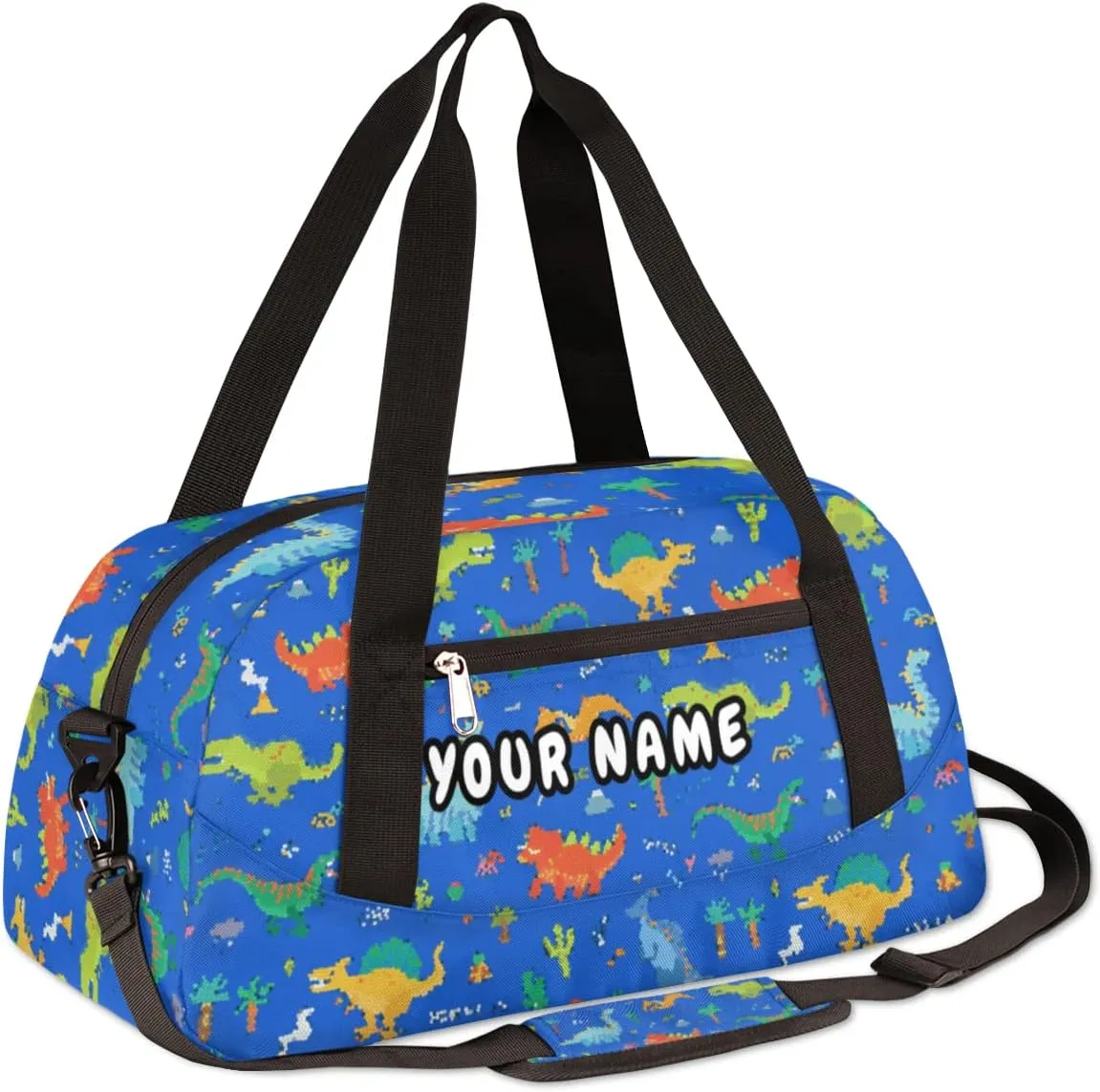 Dinosaur Blue Background Personalized Kids Duffel Bag for Girls Boys, Dinosaur Debris Custom Overnight Small Duffel Bag Carry On Weekend Sports Travel Bag for School Practice Gymnastics Ballet