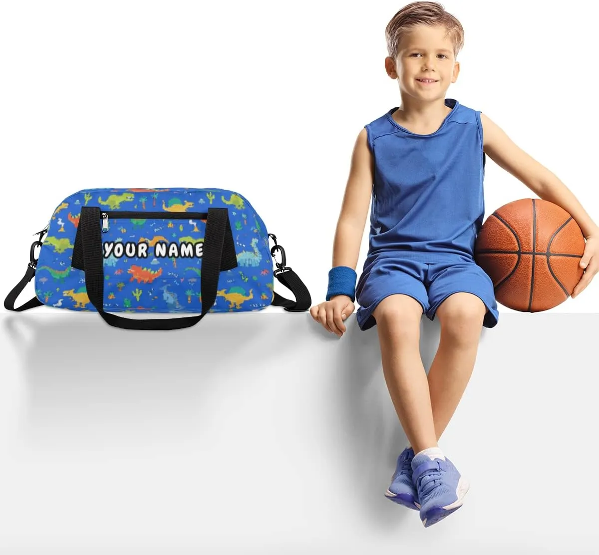 Dinosaur Blue Background Personalized Kids Duffel Bag for Girls Boys, Dinosaur Debris Custom Overnight Small Duffel Bag Carry On Weekend Sports Travel Bag for School Practice Gymnastics Ballet