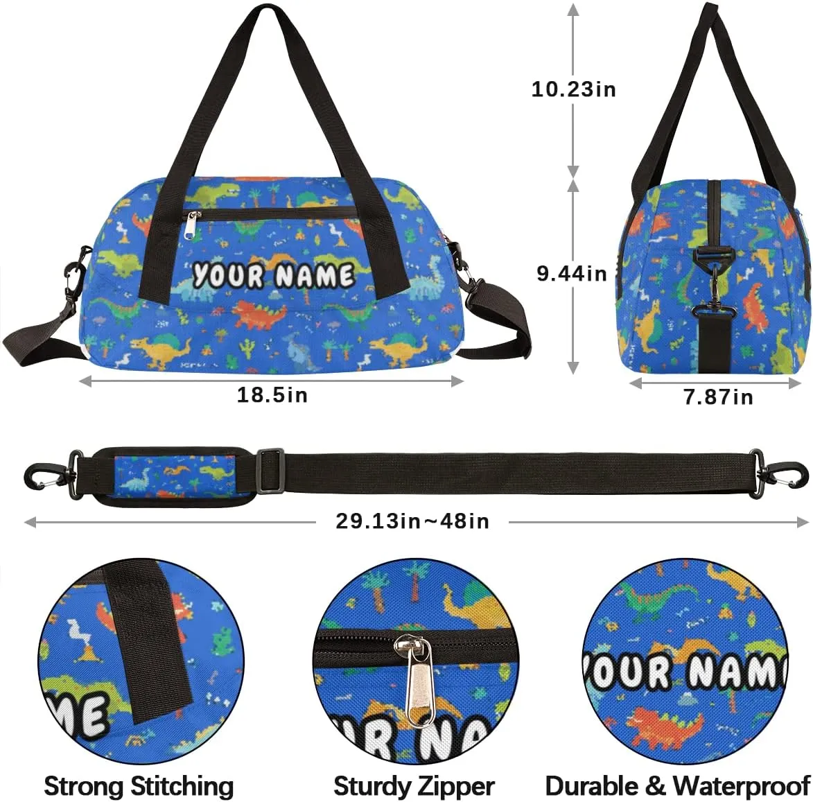 Dinosaur Blue Background Personalized Kids Duffel Bag for Girls Boys, Dinosaur Debris Custom Overnight Small Duffel Bag Carry On Weekend Sports Travel Bag for School Practice Gymnastics Ballet