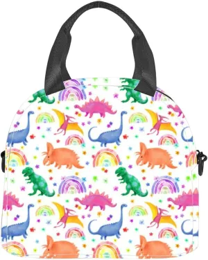 Dinosaurs Chidish cute flowers rainbows Watercolor naive simple style Insulated Adult Lunch Bag with Shoulder Strap for Women Lightweight Reusable Portable Freezable Lunch Tote Bag for Work Picnic