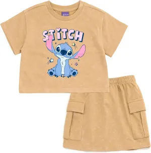 Disney Lilo & Stitch Girls French Terry Cropped Drop Shoulder T-Shirt & Skirt Outfit Toddler to Big Kid Sizes (2T - 14-16)